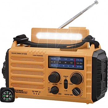 Radio Solaire Radio Portable à Manivelle Radio Météo d'urgence avec AM FM SW NOAA Banque d'alimentation Rechargeable 2000mAh Lampe de Poche LED et Lampe de Lecture Alarme SOS Boussole