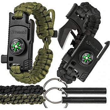 A2S 2 Tranchant Paracord Bracelet 4pcs Ensemble de Vitesse de Survie avec Boussole intégrée Allume-feu Couteau d'urgence et sifflet + 2 Allume-feu Kit d'urgence de Couteau EDC Noir Vert