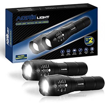 AGRIB Lampe torche LED Ultra puissante 1000 Lumens [Lot de 2] Zoom longue portée 5 Modes anti-Choc et étanche IP65 Lampe Tactique de poche pour bricolage et conditions extrêmes Etuis Offerts